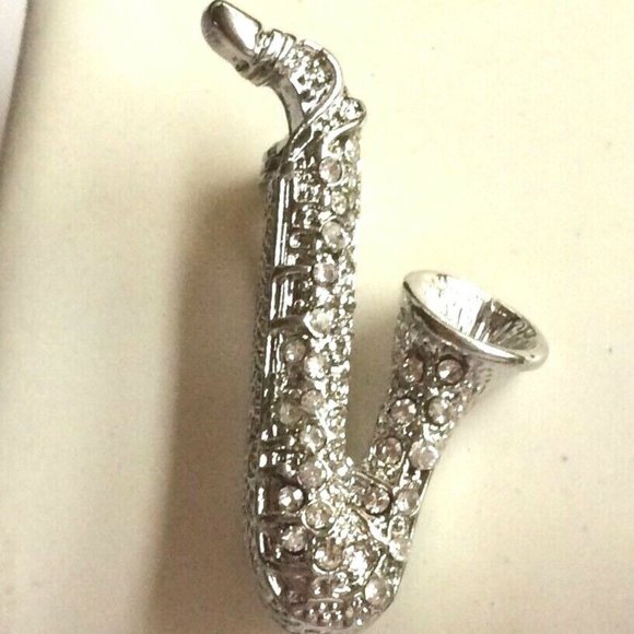 Silver Crystal Saxophone Brooch Pin Sax Jazz Musician Music Teacher Gift Plated - Picture 4 of 7